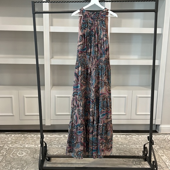 Free People Metallic Tan Gold Dust Jumpsuit Wide Leg Smocked Lined M  NWOT - Picture 8 of 16